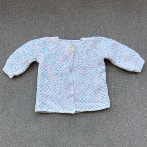 Vintage Handmade Baby Cardigan White Pastel Pink Blue Confetti Knit Sweater
